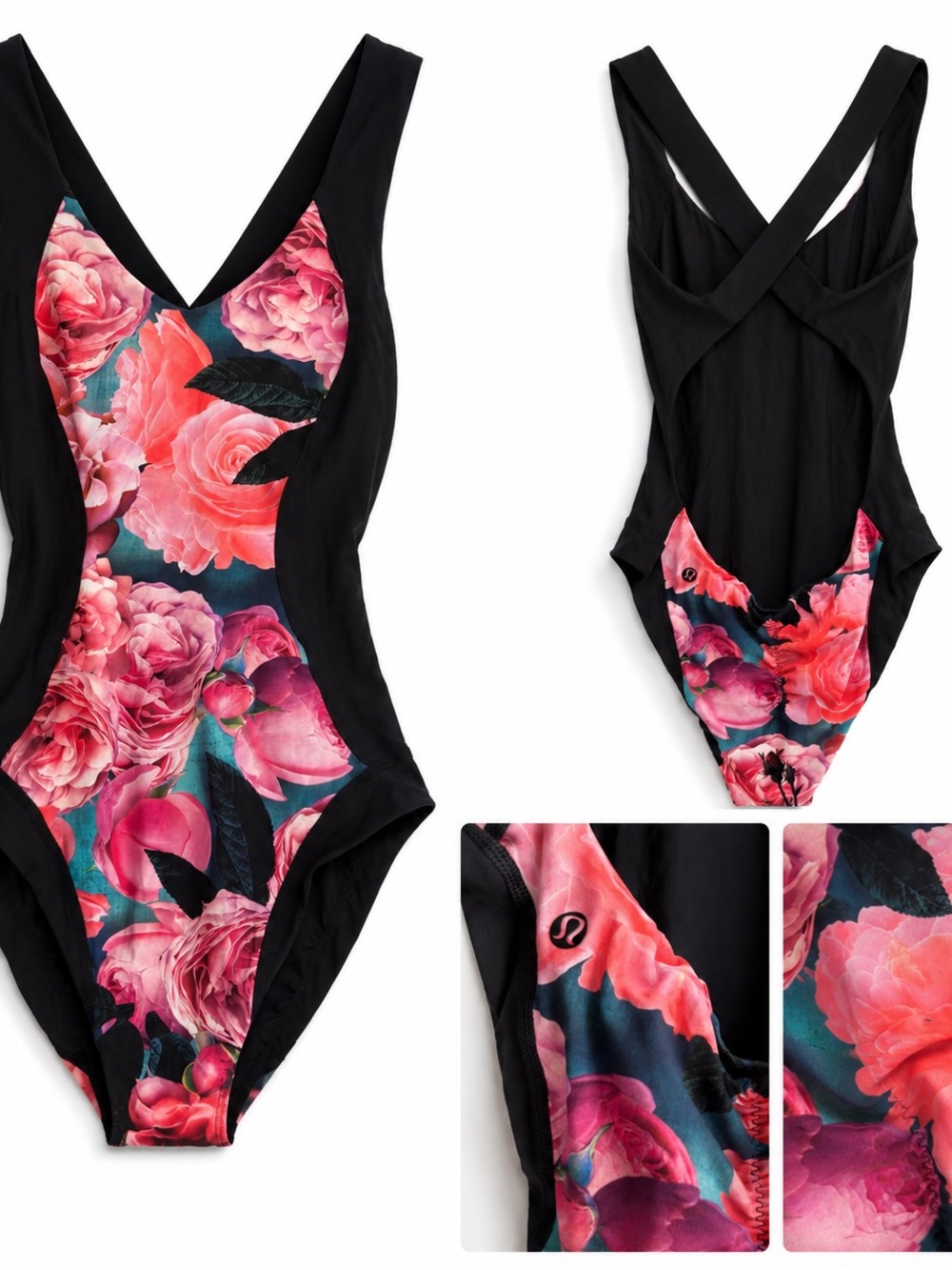 🩱lululemon athletica Black with Pink Floral One-Piece Swimsuit